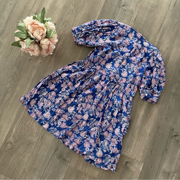 LOFT Blue Floral Puff Sleeve Babydoll Style Dress - Picture 4 of 6